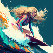 Young Beautiful Woman With Long Blond Hair Surfing Big Wave. Surf Girl On Surfboard. Woman In Ocean During Surfing. Surfer And Ocean Wave