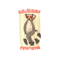 Wall Mural - Lemur cartoon character sunbathing vector illustration. Summer resort, funny comic wild animal in sunglasses relaxing on beach towel on white background. Wildlife, vacation concept