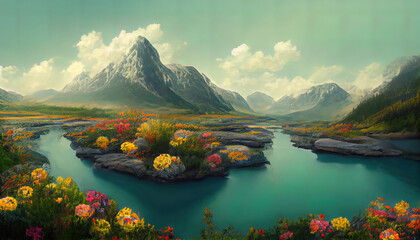 beautiful landscape of glacial mountains lakes
