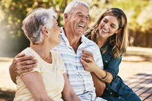 Woman, Grandparents And Hug For Family Summer Vacation, Holiday Or Break Together In The Outdoors. Happy Grandma, Grandpa And Daughter With Smile In Joyful Happiness, Love Or Care For Elderly Parents