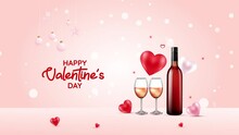 Valentine's Day Celebration Animated Background With Wine Bottle And Glasses And Red Hearts.