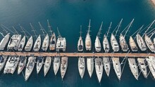 Yachts And Sailboats Anchored At The Marina, Aerial Shot