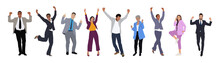 Set Of Business People Celebrating Success And Victory. Winners Rejoicing Their Triumph. Vector Illustration Of Happy, Jumping, Cartoon Men And Women In Office Outfits Isolated On White Background