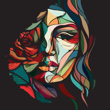 Abstract Face Of A Beautiful Woman Fused With A Rose In The Style Of Picasso, Background With Flowers