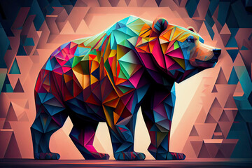 Poster - origami geometric style big walking bear side view multicolored geometric figures