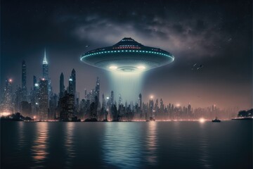 Wall Mural - Ufo flying over the city made with generative ai