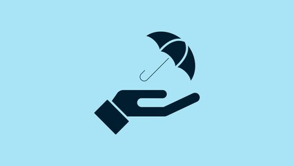 Canvas Print - Blue Umbrella in hand icon isolated on blue background. Insurance concept. Waterproof icon. Protection, safety, security concept. 4K Video motion graphic animation