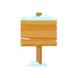 Blank wooden billboard with snow cartoon illustration. Empty road sign, signboard or pointer for advertising and information. Winter, guidepost concept