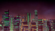 Cyberpunk City Skyline with Orange and Green Neon lights. Night scene with Futuristic Skyscrapers.