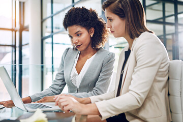 Poster - Thinking, data analysis or business women with laptop for business meeting, invest strategy or planning company finance. Collaboration, diversity or teamwork on tax data analysis or financial network