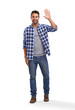 studio shot of a handsome man waving Isolated on a PNG background.