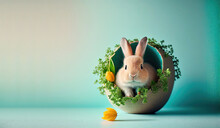 Cute Baby Rabbit As Easter Bunny Sitting In Easter Egg As Easter Background Wallpaper Design (Generative AI)