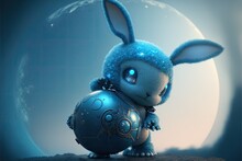 Cute 3D Character, A Giant Blue Rabbit Robot Character, Looking At The Camera, With The Moon In The Background, Holding A Big Glass Ball In His Arms, Realistic Style, High Quality, Airbrush, Acrylic P