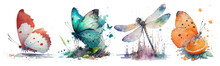 Safari Animal Set Butterflies Of Different Colors And Dragonfly In Watercolor Style. Isolated Vector Illustration
