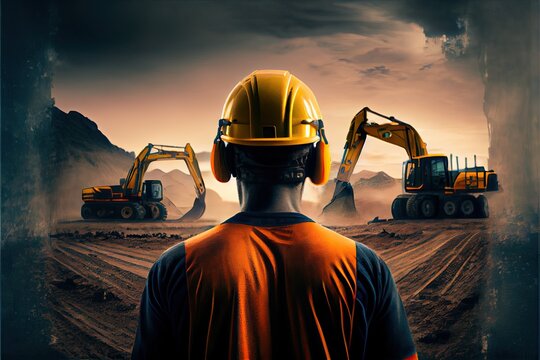 at back of the construction worker head which is wearing the safety helmet. Ai Generative