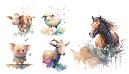 Canvas Print - Safari Animal set cow, sheep, goat, pig and horse in watercolor style. Isolated vector illustration