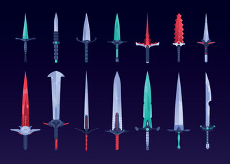 Wall Mural - Game swords. Fantasy daggers battle broadsword for 3d gaming assets, magic steel blades characteristics for playing actions. Vector isolated set