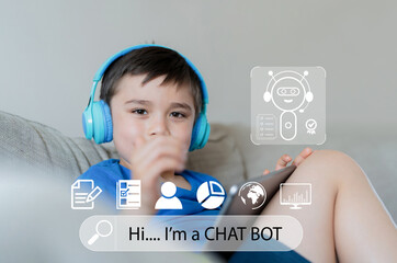 technology education concept,school kid holding tablet and wearing headphones tacking or listening t