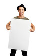 © peopleimages.com - A handsome young man holding a placard Isolated on a PNG background.