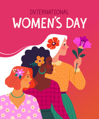 Wall Mural - International Women's Day greeting card concept. Vector cartoon illustration in a modern flat style of three diverse women in profile with flowers. Isolated on bright magenta background