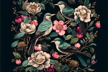 Beautiful Floral Watercolor Pattern, Dark Green Background, Featuring Flowers And Birds, Pastel Colors  