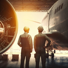 Aeronautical Engineers In A Hangar And A Jetliner. Generative AI.