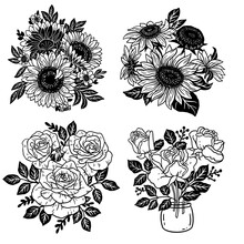 A Set Of Floral Composition With Blossom Sunflowers And Roses. Hand Drawn Vector Outline Illustrations With Bouquets Of Blossom Flowers

