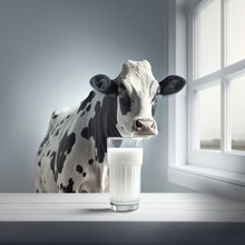 Cow Next To A Glass With Cow's Milk. Cow Milk. Generative AI.