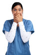 © peopleimages.com - Portrait of a shocked young doctor in scrubs Isolated on a PNG background.