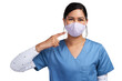 © peopleimages.com - Portrait of a young doctor pointing to her surgical face mask Isolated on a PNG background.