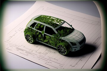 Generative AI blueprints of a miniature modern sustainable car made with green plants on a white background