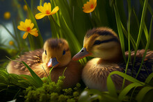 Two Cute Ducklings In The Grass And Flowers