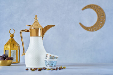 Traditional arabic coffee . Ramadan  decor with Arabian coffee set