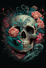Human Skull And Flowers On A Black Background. AI
