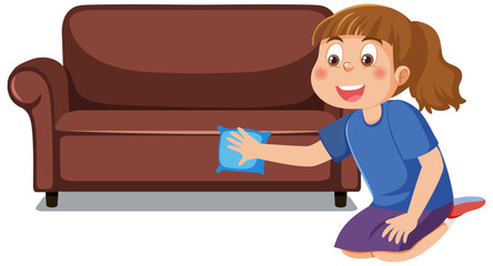 Wall Mural - Girl cleaning sofa isolated