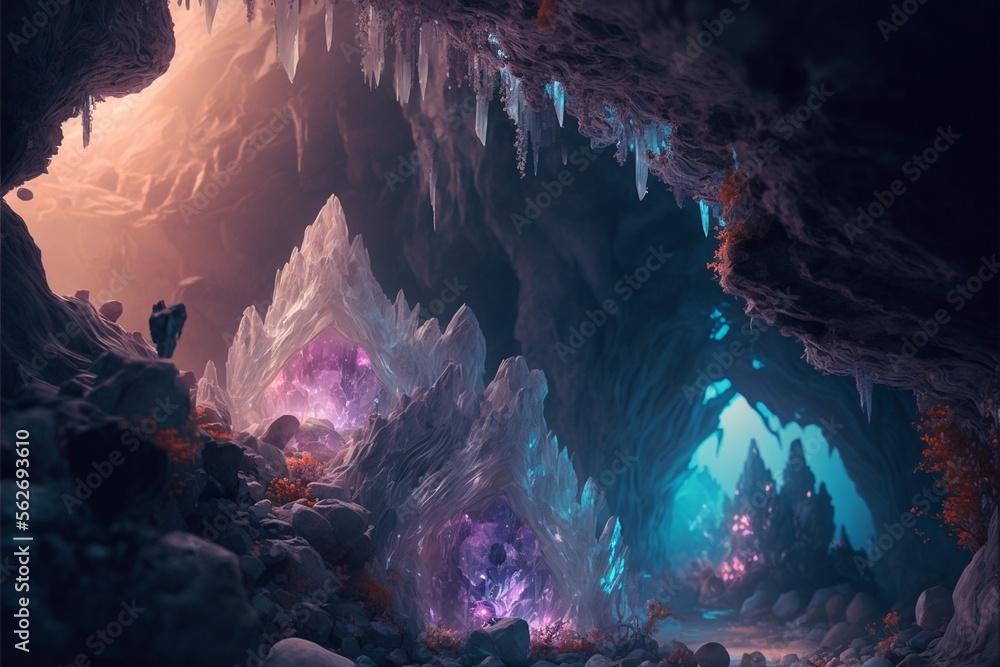 洞窟 ファンタジー イラスト クリスタル 鉱石 採掘場, generative ai