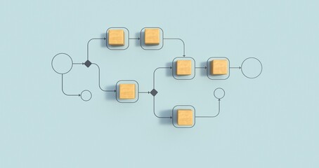 Business process management and automation concept with person moving wooden pieces on flowchart diagram. Workflow implementation to improve productivity and efficiency. Management and organization