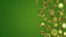 St. Patrick's Day Abstract Golden Coins With Clover On Green Backdrop. Shamrock Leaves. Patrick Day Background. 3d Render Illustration
