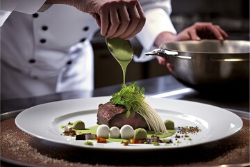  a chef is adding green sauce to a dish on a plate with a spoon and spoon in it, with a spoon in the middle of the dish, and a spoon in the foreground. Generative AI