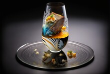  A Glass With A Fish In It On A Plate With A Black Background And A Black Background With A White Circle Around It And A Black Background With A Gold Rim And White Border With A. Generative AI