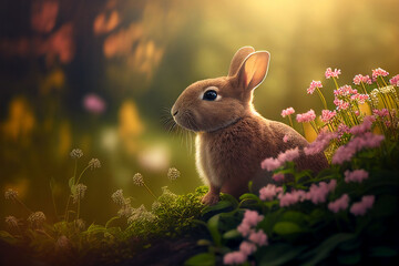 Cute Bunny rabbit sitting amongst flowers in a dreamy garden at Easter during the spring season, Generative AI stock illustration image