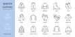 Vector winter clothes icons. Line icon set editable stroke. Warm jacket hat scarf gloves. Shoes pants socks long-sleeved sweater fleece jacket. Stock illustration isolated on white background