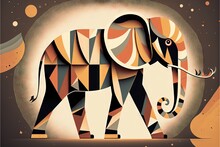  A Colorful Elephant Standing In Front Of A Moon Filled Sky With Stars And Circles Around It, With A Brown Background And Black And White Border Around The Elephant With A Black Stripe,. Generative AI