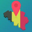 3d map in flat design style of belgium in the colors of the belgian flag on which a red location marker is placed to indicate a destination