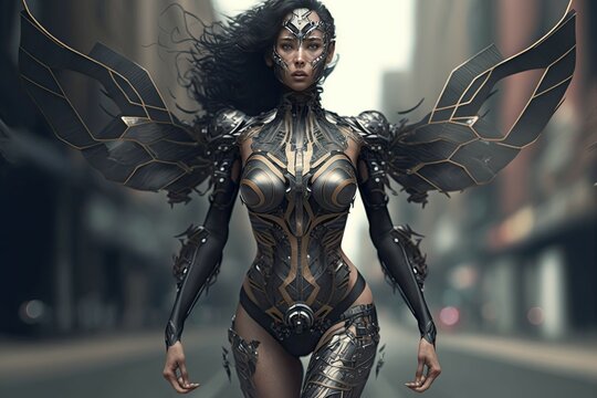 beautiful female superhero with wings, digital painting, ai art, photorealistic concept art