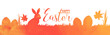Happy Easter banner holiday greeting card illustration painting - Silhouette of easter bunny, easter eggs and daffodils meadow on orange watercolor aquarelle paint, isolated on white background