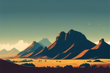  A Stylized Landscape Of Mountains And A Desert Landscape With A Bird Flying Over Them, With A Blue Sky And A Few Clouds Above Them, And A Few Yellow Grass And Brown Grass,. Generative AI