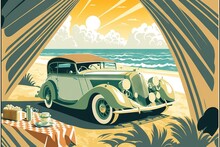  A Vintage Car Parked On The Beach Under A Tent With A Picnic Table And Picnic Blanket On It, With A View Of The Ocean And Clouds In The Distance, With A Sunbeam. Generative AI