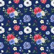 Watercolor floral seamless pattern. Hand-painted illustration. Red, white and blue flowers, and green leaves print.