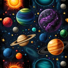 Space Galaxy Planets Stars, Vibrant Colors, Repeating Pattern 